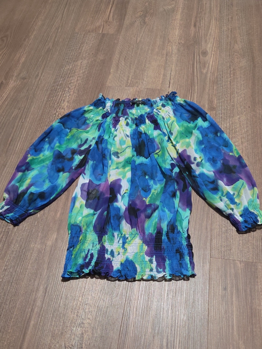 Off-Shoulder Floral Watercolor Blouse in Blue & Green
